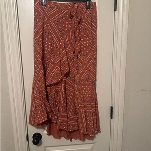 Rust Bandana-Print Ruffle Maxi Skirt